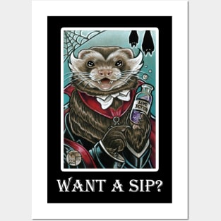 Grandpa Munsters Ferret - Want A Sip? - White Outlined Version Posters and Art